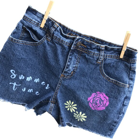 Upcycled Cato Denim Cutoff Jean Shorts, Painted Summertime Fringy, 8 Petite - Picture 1 of 8